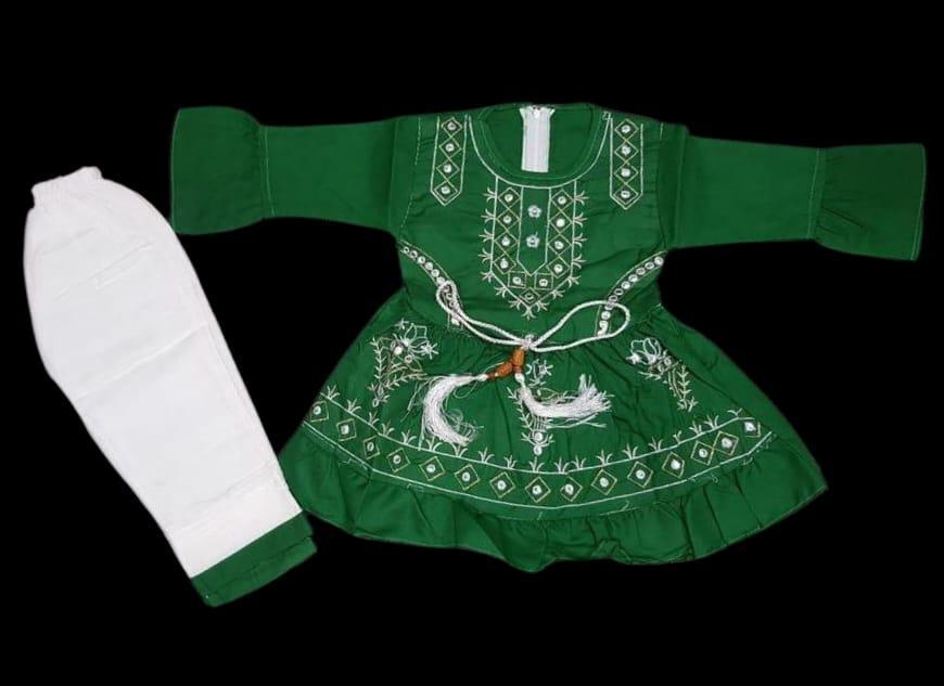 Girls Green Cotton Embroidered Frock & White Trouser Set – Traditional Pakistani Ethnic Wear (1-10 Years)"