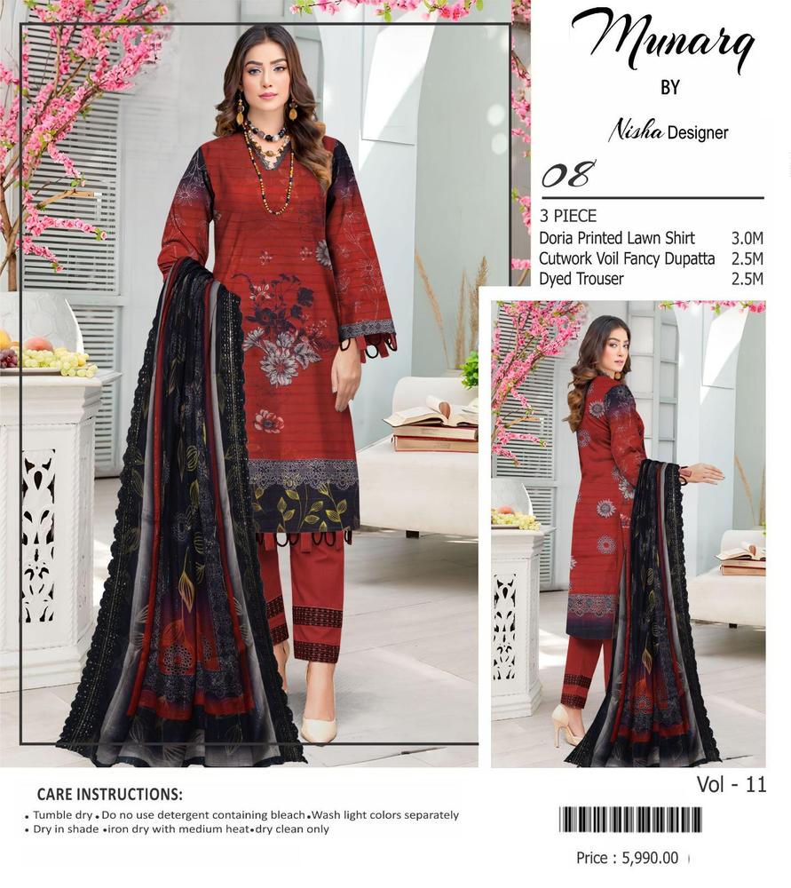 3 Pcs Women's Unstitched Lawn Embroidered Suit
