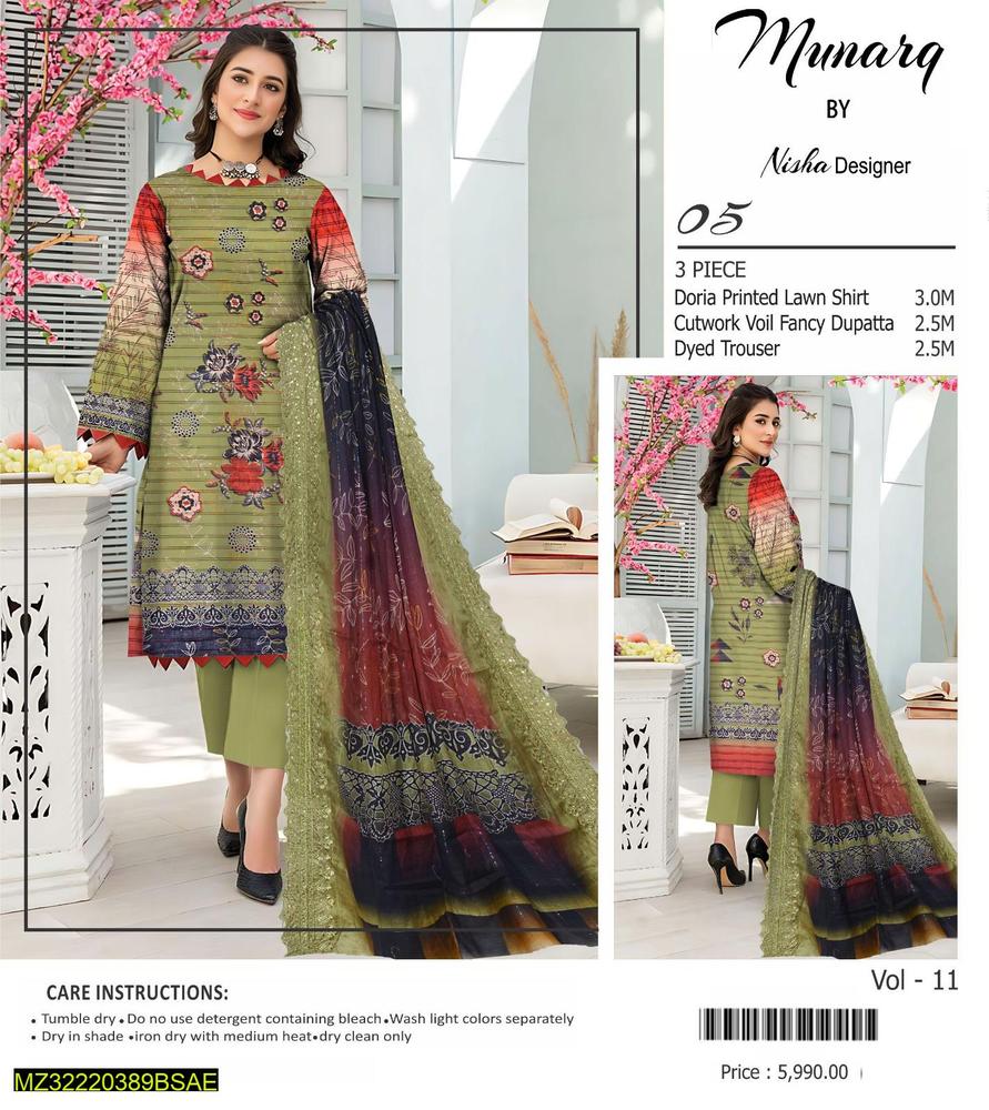 Munarq 3 Piece Doria Printed Lawn Suit by Nisha Designer