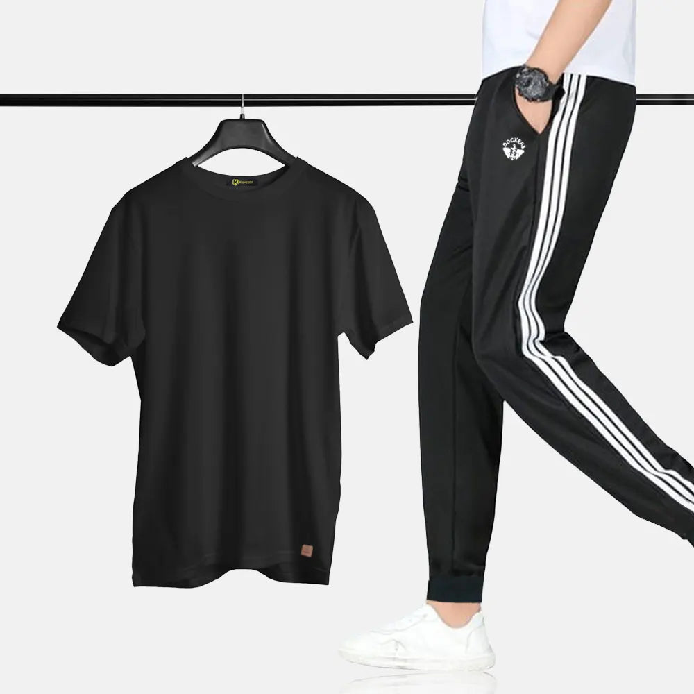 Branded Men's Two Piece Running Suit Black Docker's Trouser With Half Sleeve T-Shirt
