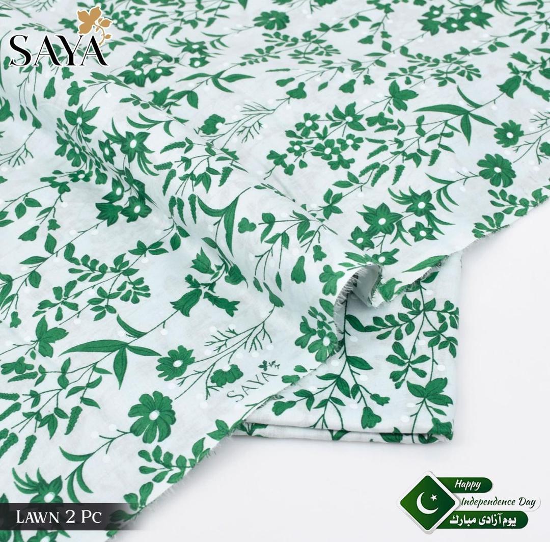 "Women's Green Printed Lawn Suit – Unstitched 2-Piece Dress for Independence Day (14 August Special