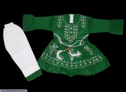 Girls Green Cotton Embroidered Frock & White Trouser Set – Traditional Pakistani Ethnic Wear (1-10 Years)"