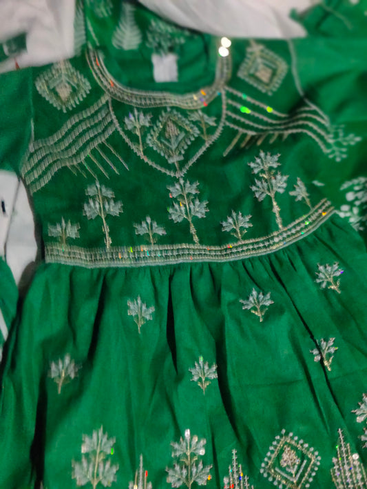 Celebrate Independence Day — girls frock (ages 7–11). Breathable cotton, green & white patriotic design, perfect for school parades and photo shoots.