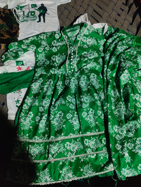 Jashn-e-Azadi girls frock age 11-15 — green & white