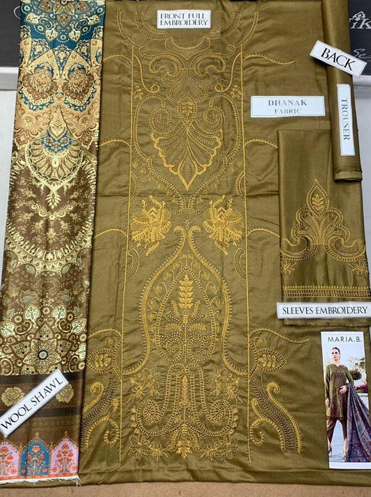 3 Pcs Women's Unstitched Dhanak Embroidered Suit