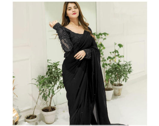 3 Pcs Women’s Chiffon Sequins Embroidered Stitched Saree