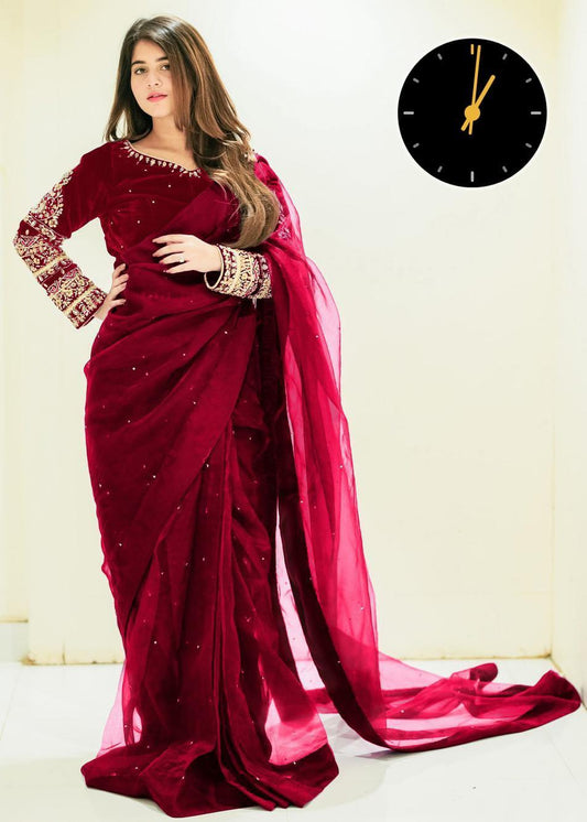Maroon Velvet Embroidered Saree – Bridal & Party Wear | Premium Net Pallu Design