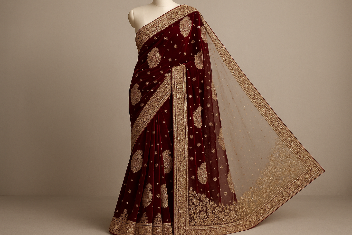 Maroon Velvet Embroidered Saree – Bridal & Party Wear | Premium Net Pallu Design