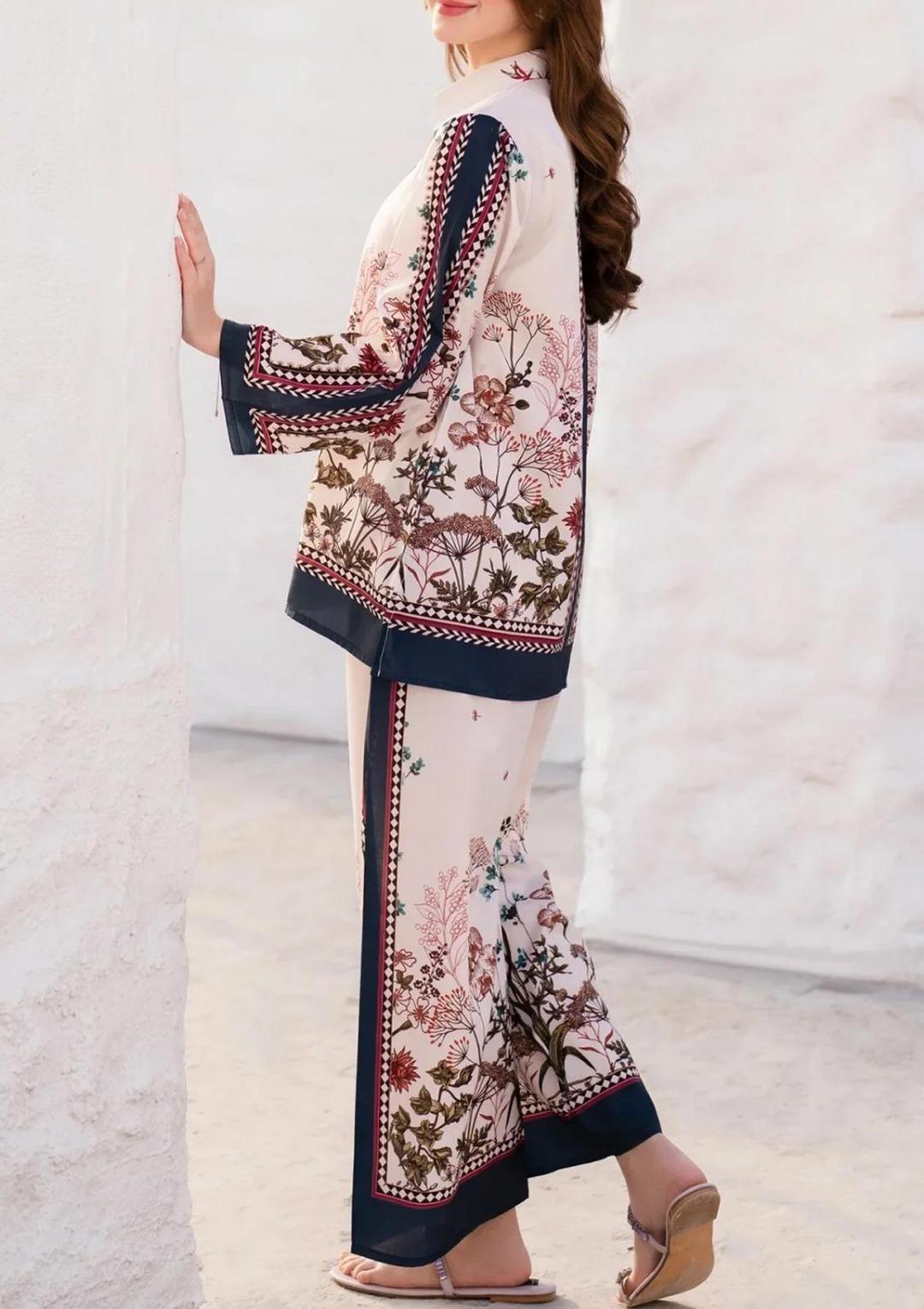 Stylish Off White Women's Stitched Printed Shirt And Trouser Set - 2 Pcs