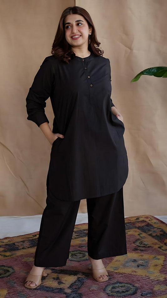 Stylish Women's Stitched Shirt And Trouser Set - 2 Pcs in Classic Black - Plain Cotton Fabric